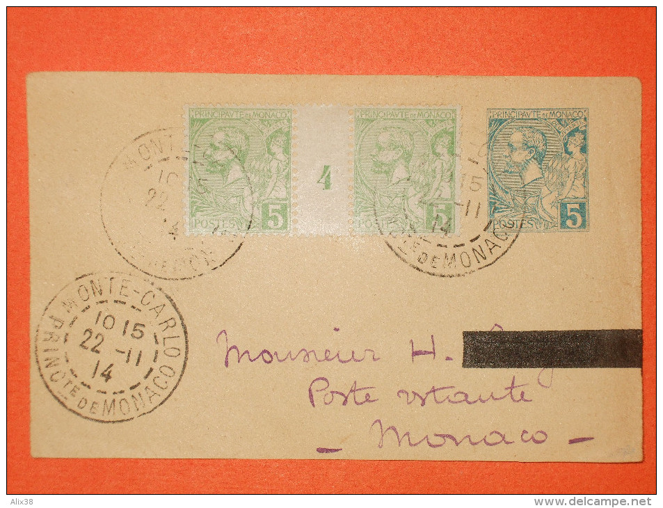 MONACO Lettre -1914  N°22 Millésime 4 Sur Devant D´entier Du 5c Bleu Coupé.  TB - Covers & Documents