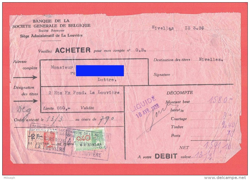 Banque Société Générale Belgique - La Louvère - Nivelles - Achat Action -1936 -  Hauts Fourneaux Et Fonderies De  (4149) - Marken