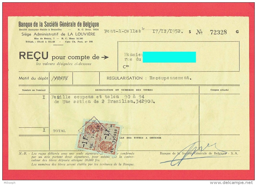 Banque Société Générale Belgique - La Louvère - Pont-à-Celles - Achat Action -1952 -  2 BRAZZILIAN - Timbre Fisc  (4151) - Marken