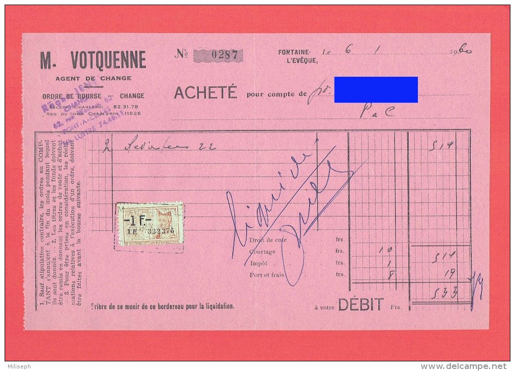 M. VOTQUENNE - Agent De Change - Fontaine-L'Evêque - ( Roger JENET Pont-à-Celles ) - Achat Action -1960 - Timbr   (4156) - Stamps