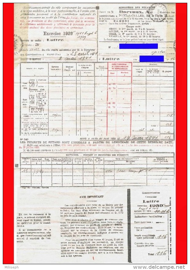 Avertissement-extrait Du Rôle - Ministère Des Finances - Receveur Mr BARVAUX Pont-à-Celles - 1939 - 1941          (4158) - Matasellos Generales