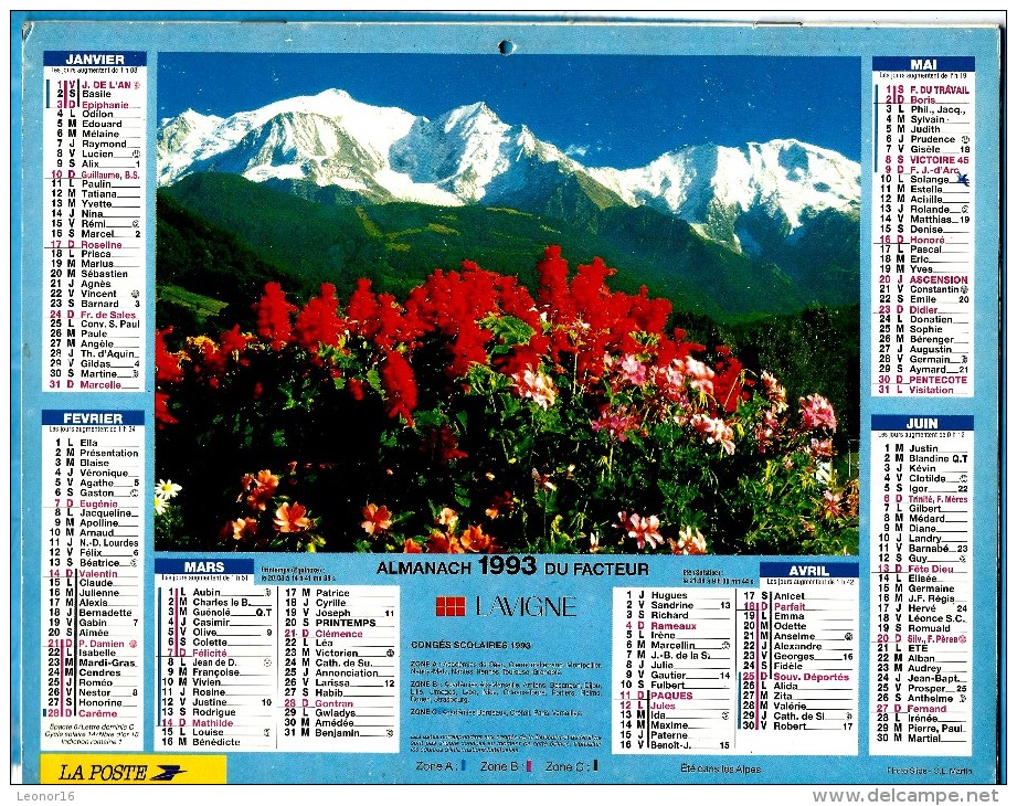 ALMANACH DES P.T.T 1993 (57)   -  Complet ** ETE DANS LES ALPES - COMBLOUX (74) ** Calendrier * JEAN LAVIGNE * - Grand Format : 1991-00