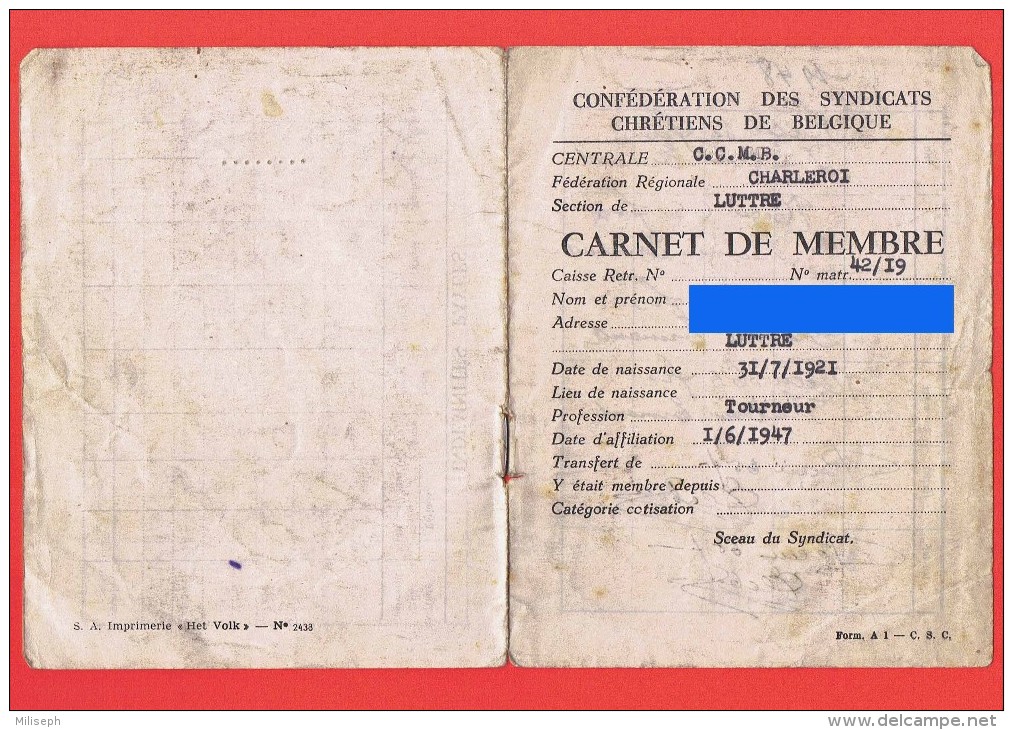 Carnet De Membre - Centrale C. C. M. B. - Confédération Des Syndicats Chrétiens De Belgique - 1948 - 1949 - 1950  (4160) - Andere & Zonder Classificatie