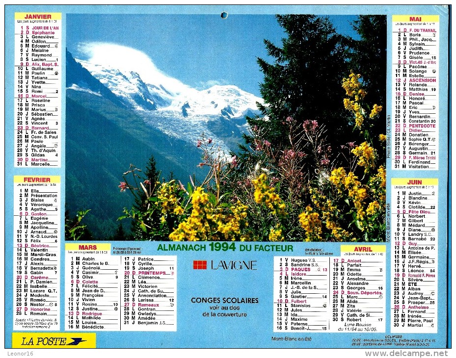 ALMANACH DES P.T.T 1994 (57)   -  Incomplet ** MONT BLANC EN ETE  - INNERBERG (Autriche) ** Calendrier * JEAN LAVIGNE * - Big : 1991-00