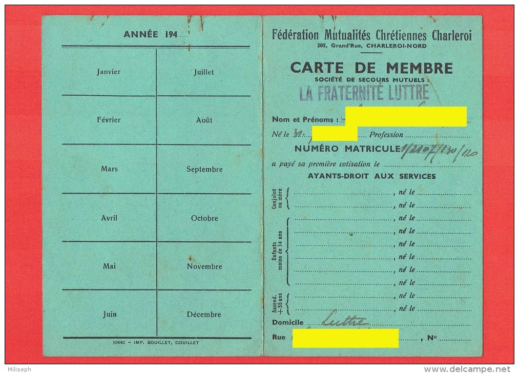 Carte De Membre - Fédération Des Mutualités Chrétiennes De Charleroi - Société De Secours Mutuels LA FRATERNITE L (4164) - Andere & Zonder Classificatie