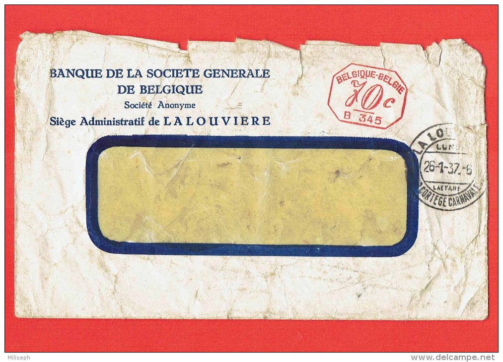 Enveloppe - Banque De La Société Générale Belgique - La Louvère - 1937 - Marcophilie: Cachet " Cortège Carnavalesque " - ...-1959