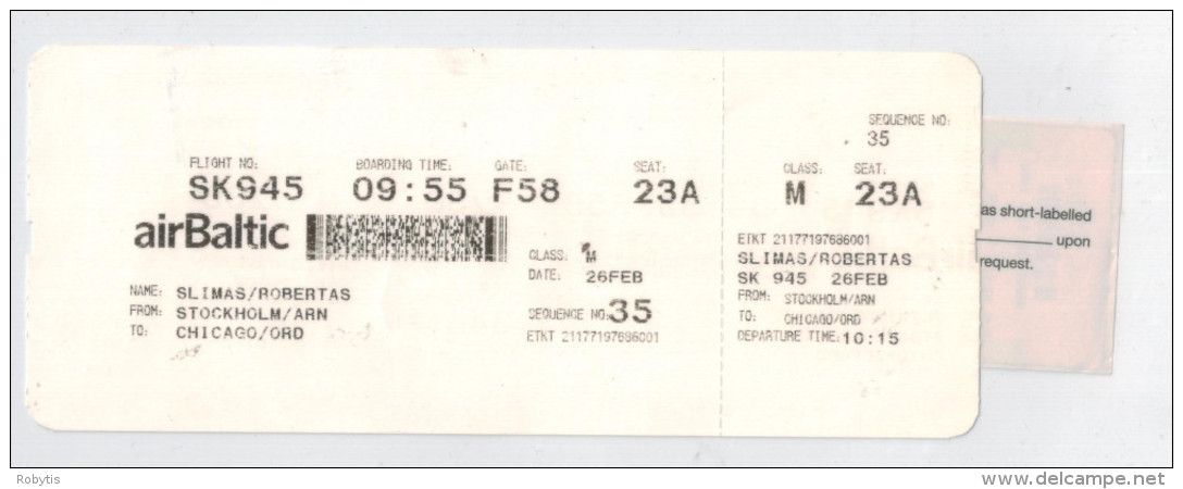 Flight Ticket From Stockholm To Chicago 2013 - Other & Unclassified