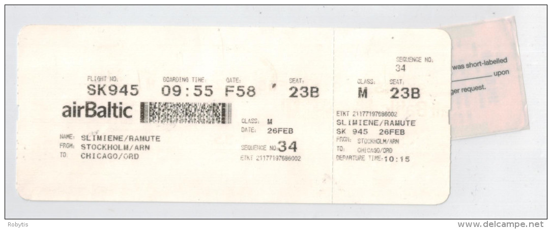 Flight Ticket From Stockholm To Chicago 2013 - Other & Unclassified