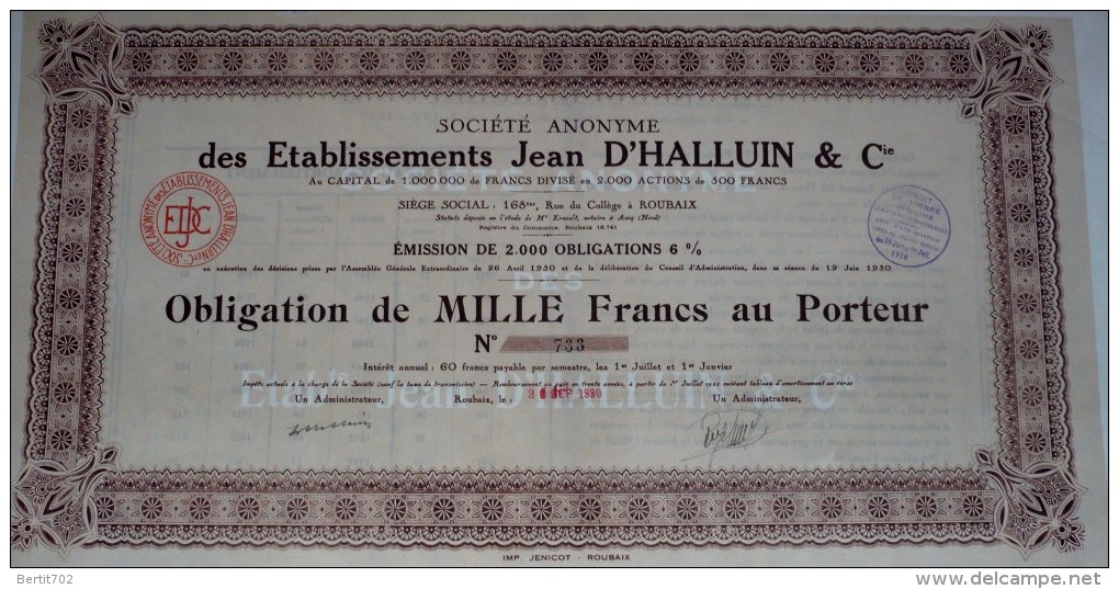 Action -titre - OBLIGATION DE 1000 FRANCS - Année 1930  -  S.A  DES  ETS  JEAN  D'HALLUIN  à  ROUBAIX  ( 59) - D - F