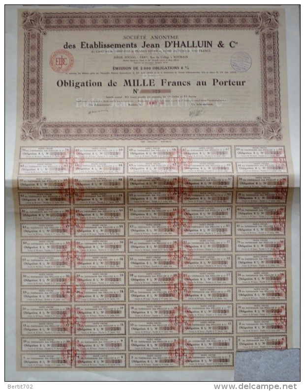 Action -titre - OBLIGATION DE 1000 FRANCS - Année 1930  -  S.A  DES  ETS  JEAN  D'HALLUIN  à  ROUBAIX  ( 59) - D - F