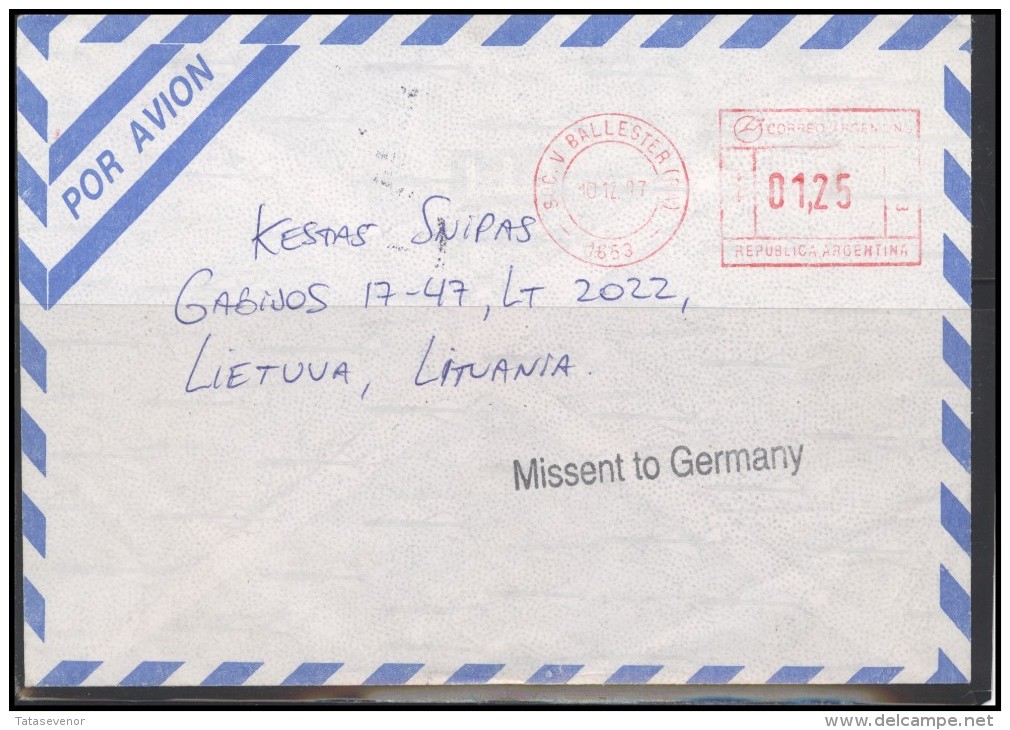 ARGENTINA Postal History EMA Bedarfsbrief Air Mail AR 012 Meter Mark Franking Machine - Briefe U. Dokumente