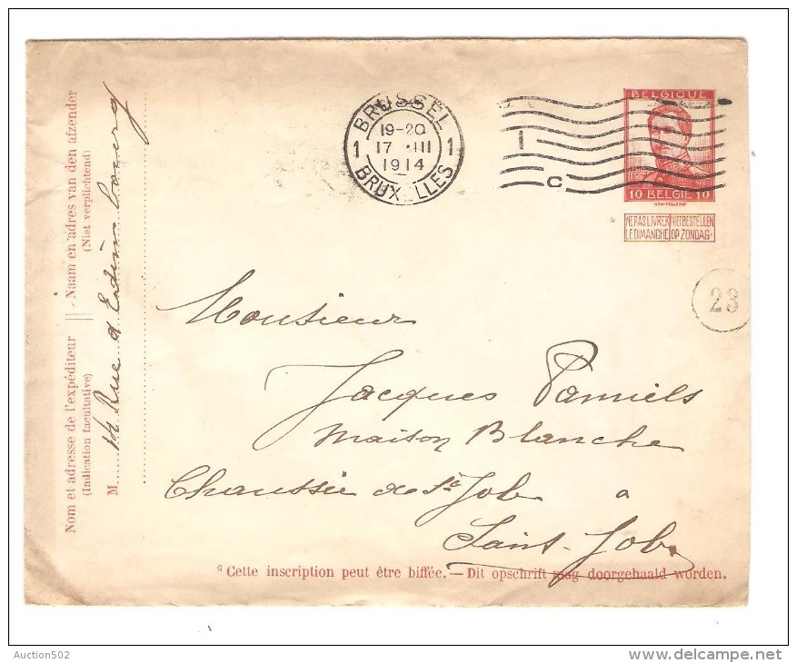 Entier Enveloppe 10 C C.méc.Bruxelles 17/3/1914 V.St.Job à Uccle C.d'arrivée PR2995 - Enveloppes-lettres