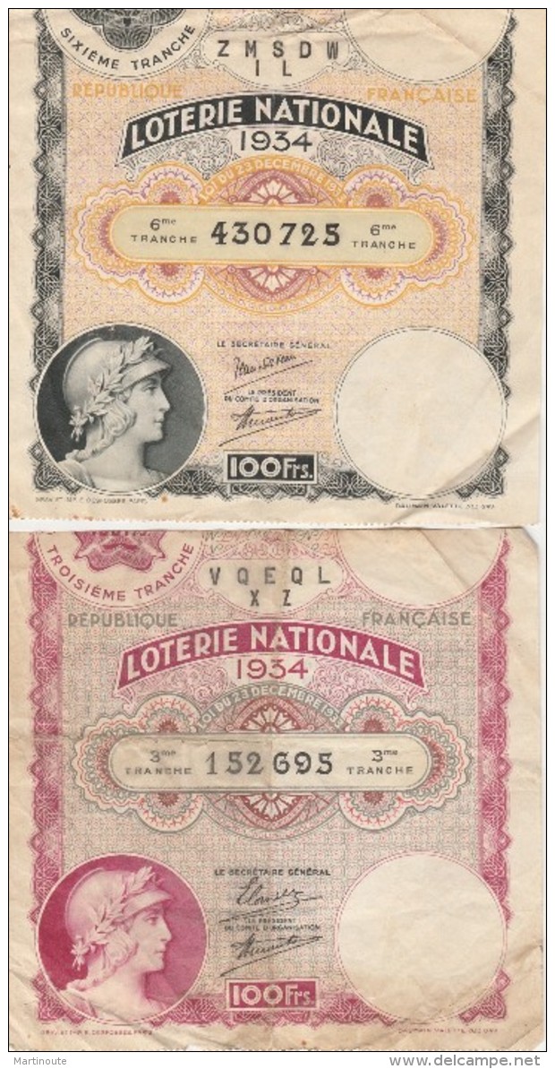 - 2 BILLETS De LOTERIE NATIONALE De 1934 - 009 - Billets De Loterie