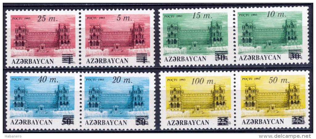 AZERBAIJAN 1994 Mi 122-129Zd SURCHARGES ON GOVERNMENT BUILDING MINT STAMPS ** - Aserbaidschan