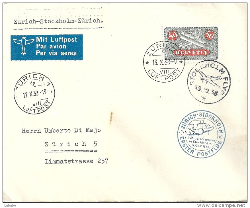 Luftpost Brief  "1.Postflug Zürich - Stockholm - Zürich"            1938 - Primi Voli