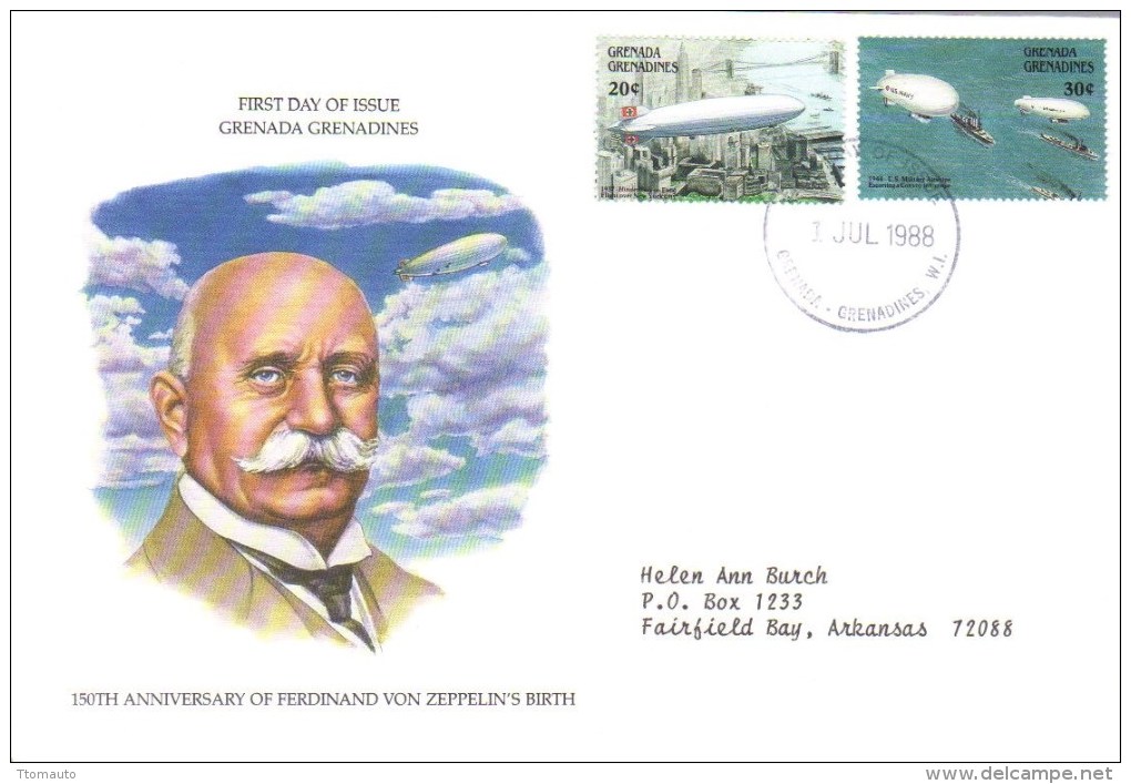 Grenada Grenadines  -   Ferdinand Von Zeppelin -  FDC  -  Premier Jour Envelope - Zeppelin