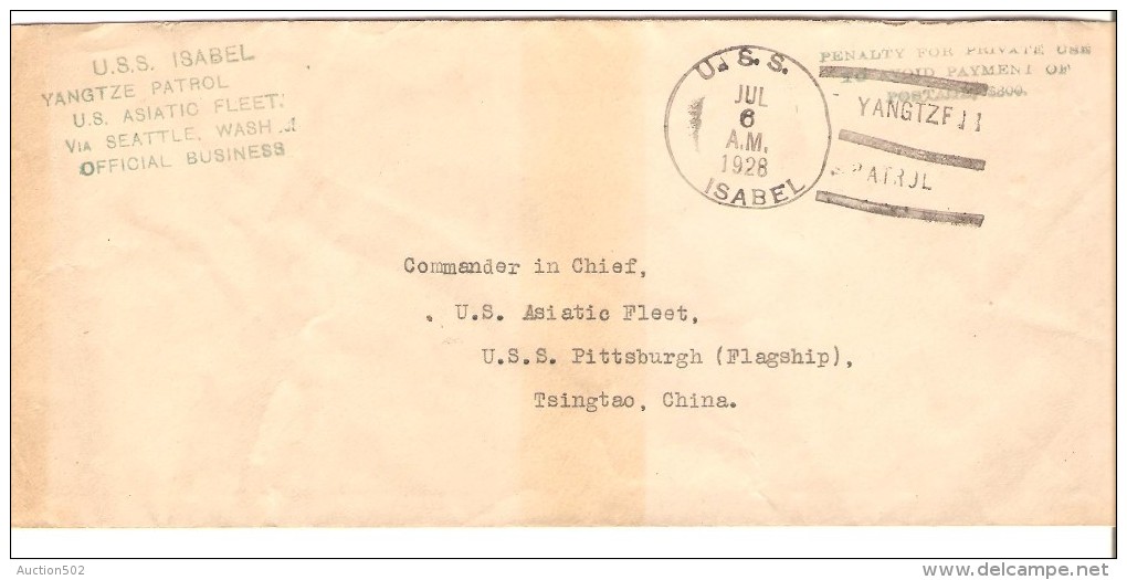 USA Cover From U.S.S Isabel Yangtze Patrol U.S.Asiatic Fleet C.Jul 6 1928 To Tsingtao China Shangai PR3005 - Lettres & Documents