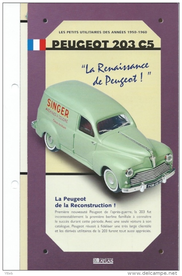 Modèle Réduit Métal + Fiche Technique - PEUGEOT 203 TÔLÉE - Eligor - 1/43 - Publicité Singer Machines à Coudre - Eligor