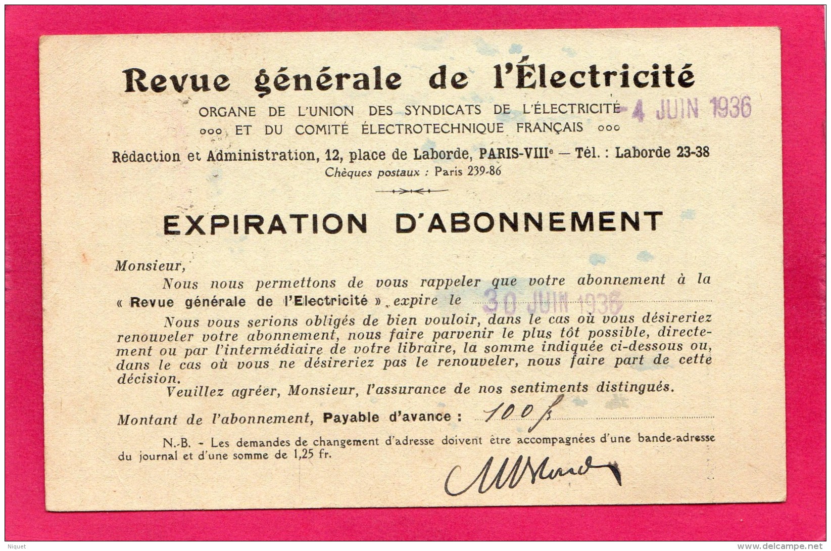 Revue Générale D'Electricité, 1936, Abonnement - French