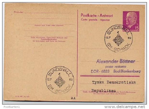 CHESS CHAMPIONSHIPS SUNDSVALL 1969 On East German Postal Card P 74 A - Other & Unclassified