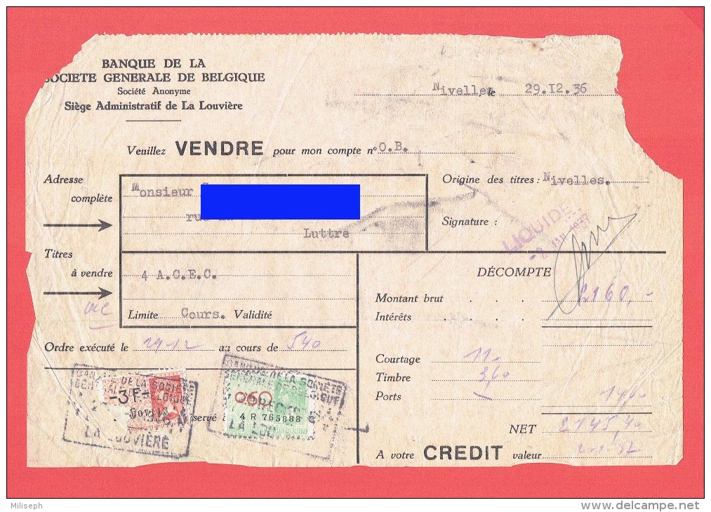 Banque Société Générale Belgique - La Louvère - Nivelles - Vente Action -1936 - A.C.E.C. - Ateliers De Construction Elec - Stamps