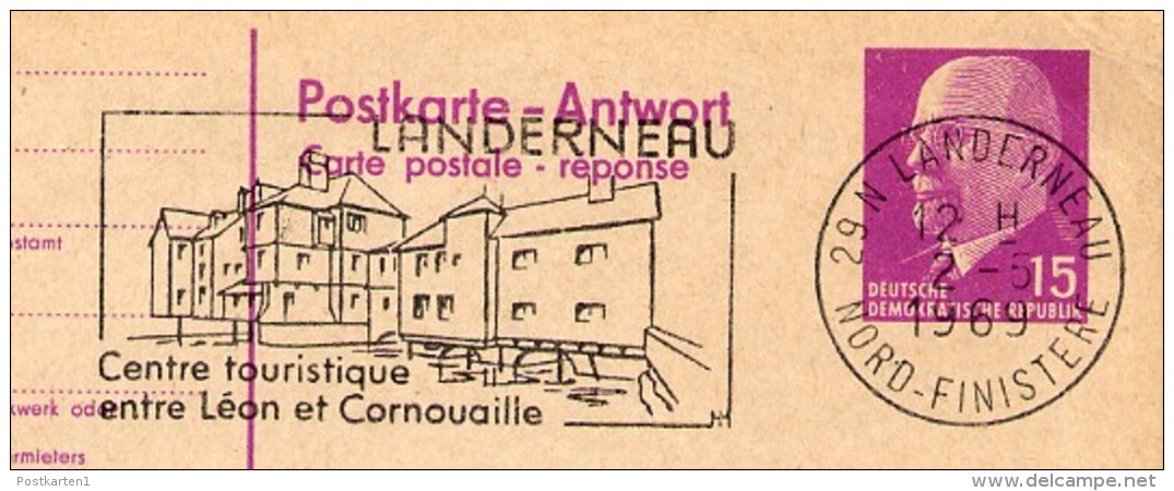 LANDERNEAU 1969 Sur Carte Postale Avec Réponse P74 Imprimé Privé #1 - Maschinenstempel (Sonstige)