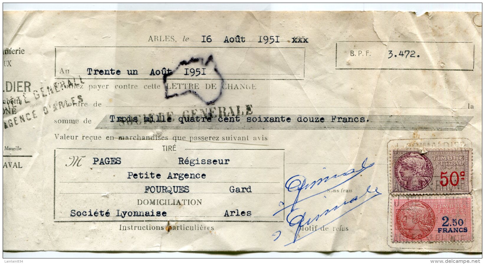 - Lettre De Change - Aôut 1951, Arles,  Julien GRIMALDIER, 2 Timbres, Pagés, Régisseur, Fourques, Scans. - Banque & Assurance