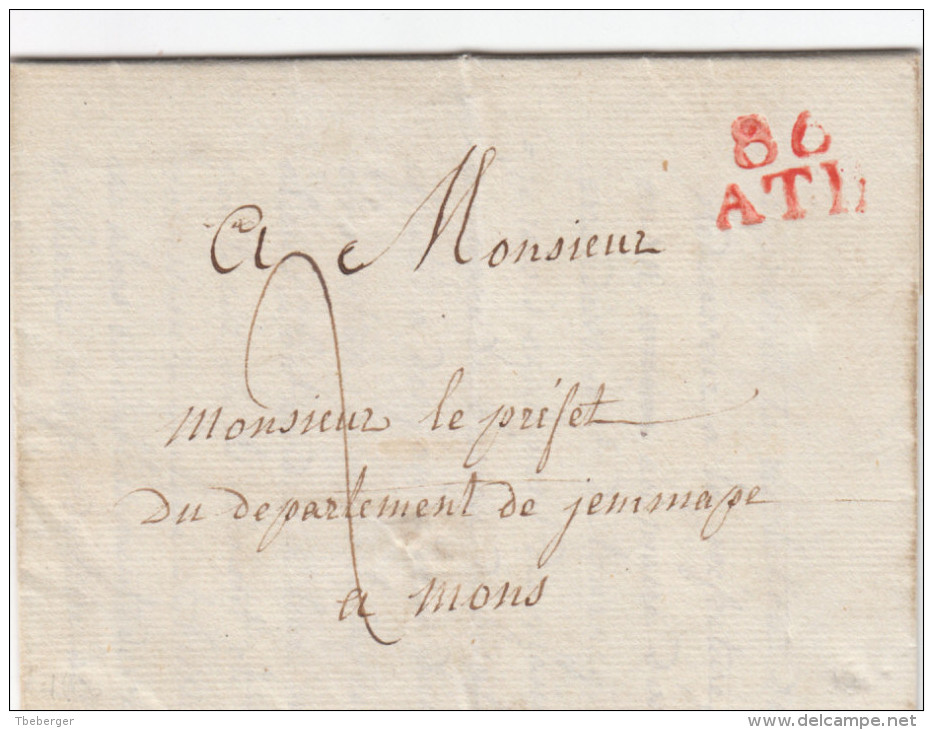 France Belgique 1806 Entier 86 ATH Dept. Conquis Jemappes En Rouge Pour Mons (o81) - 1792-1815: Conquered Departments