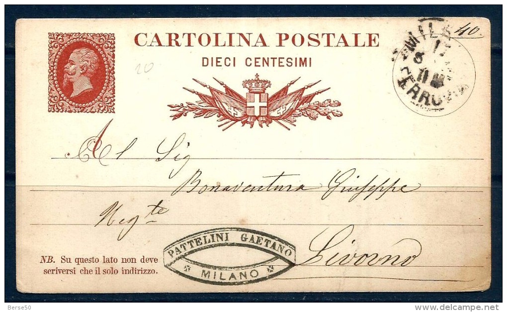 10 CENT. REGNO Cartolina Postale Vg Per  Livorno - Interi Postali