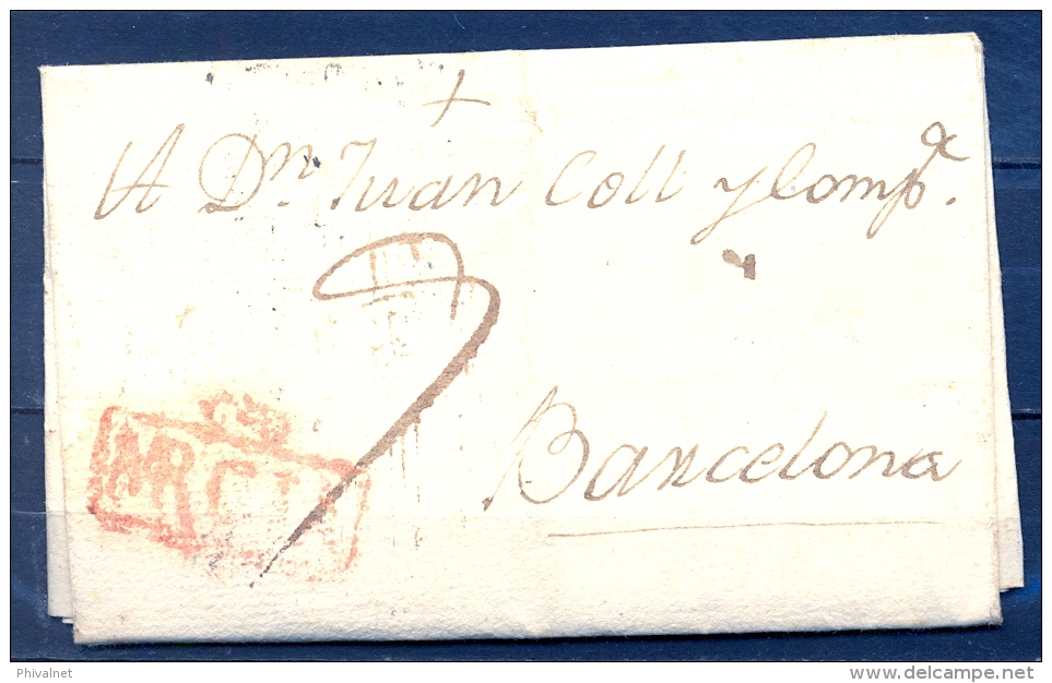 1806 , MURCIA , D.P. 21 , CARTA CIRCULADA ENTRE MURCIA Y BARCELONA , MARCA PREF. Nº 5. - ...-1850 Prefilatelia