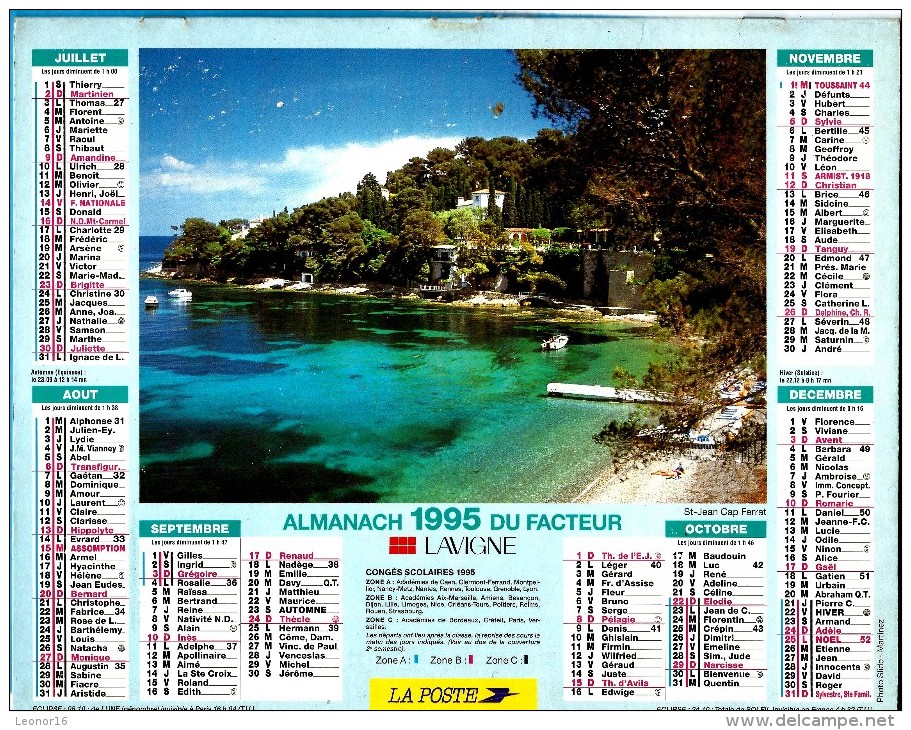 ALMANACH DES P.T.T 1995 (57)  - Complet ** VILLEFRANCHE SUR MER (06) - ST JEAN CAP FERRAT ** Calendrier * JEAN LAVIGNE * - Grand Format : 1991-00