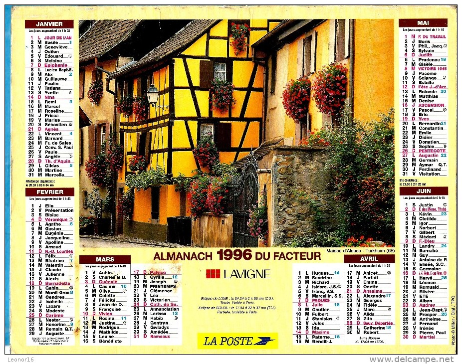 ALMANACH DES P.T.T 1996 (57)  - Complet ** TURKHEIM (68) - STE HIPPOLYTE (68)** Calendrier * JEAN LAVIGNE * - Grand Format : 1991-00