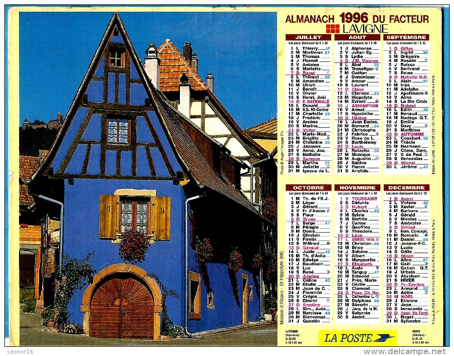 ALMANACH DES P.T.T 1996 (57)  - Complet ** TURKHEIM (68) - STE HIPPOLYTE (68)** Calendrier * JEAN LAVIGNE * - Grand Format : 1991-00