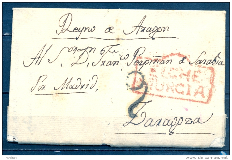 1824 , MURCIA , D.P. 21 , CARTA CIRCULADA ENTRE ELCHE  Y ZARAGOZA , MARCA PREF. Nº 4 , PORTEO, FECHADOR DE LLEGADA - ...-1850 Vorphilatelie