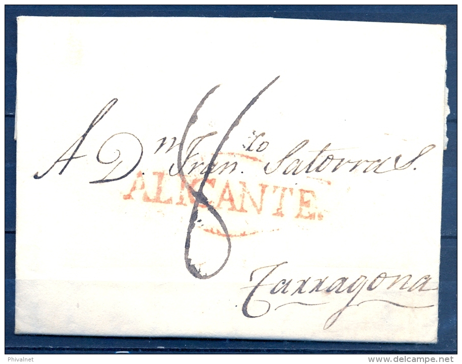 1806 , ALICANTE , D.P. 20 , CARTA CIRCULADA ENTRE ALICANTE Y TARRAGONA  , MARCA PREF. Nº 8  , PORTEO - ...-1850 Prephilately