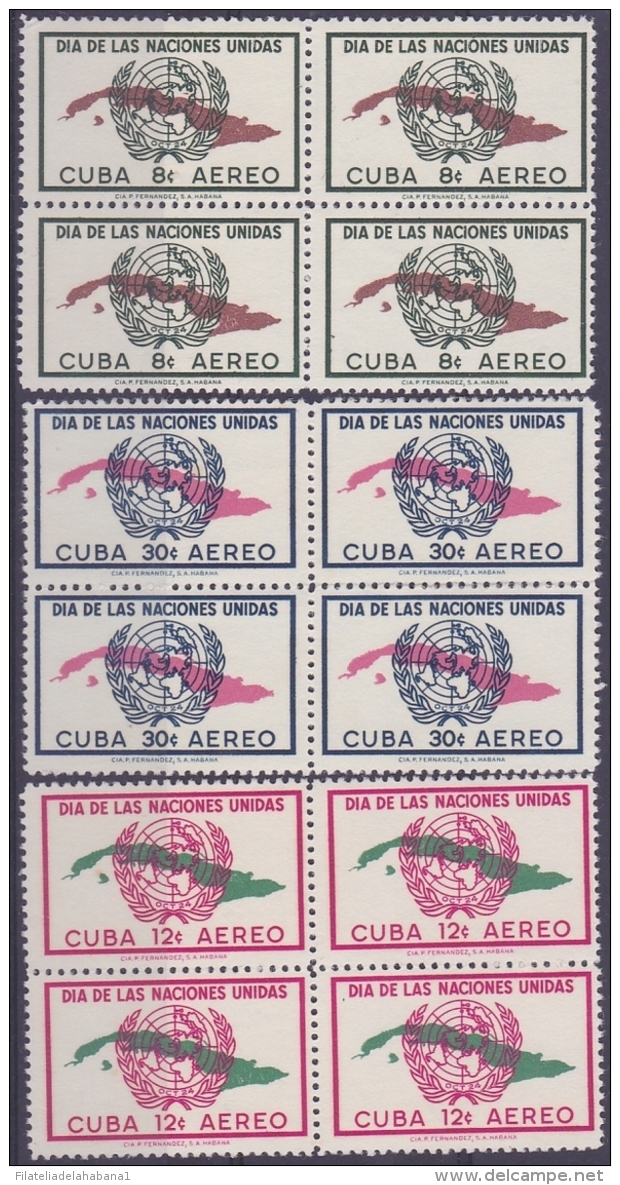 1957-212 CUBA. REPUBLICA. 1957. Ed.718-20. DIA DE LAS NACIONES UNIDAS. NU. ONU. NO GUM. BLOCK 4. - Neufs