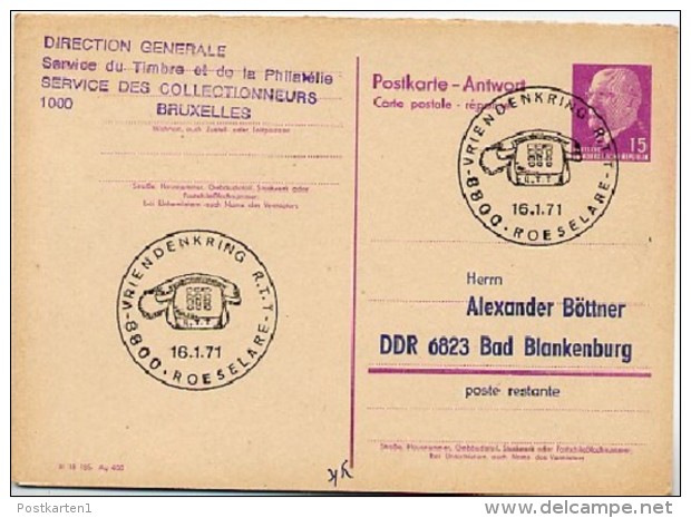 DDR P74 A Antwort-Postkarte ZUDRUCK BÖTTNER #1 Auf TELEFON ROESELARE Belgien 1971 - Briefomslagen - Ongebruikt