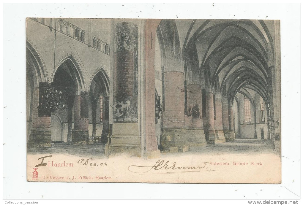 Cp , PAYS BAS , HAARLEM  , Interieur Groote Kerl , Dos Simple , Voyagée 1902 - Haarlem