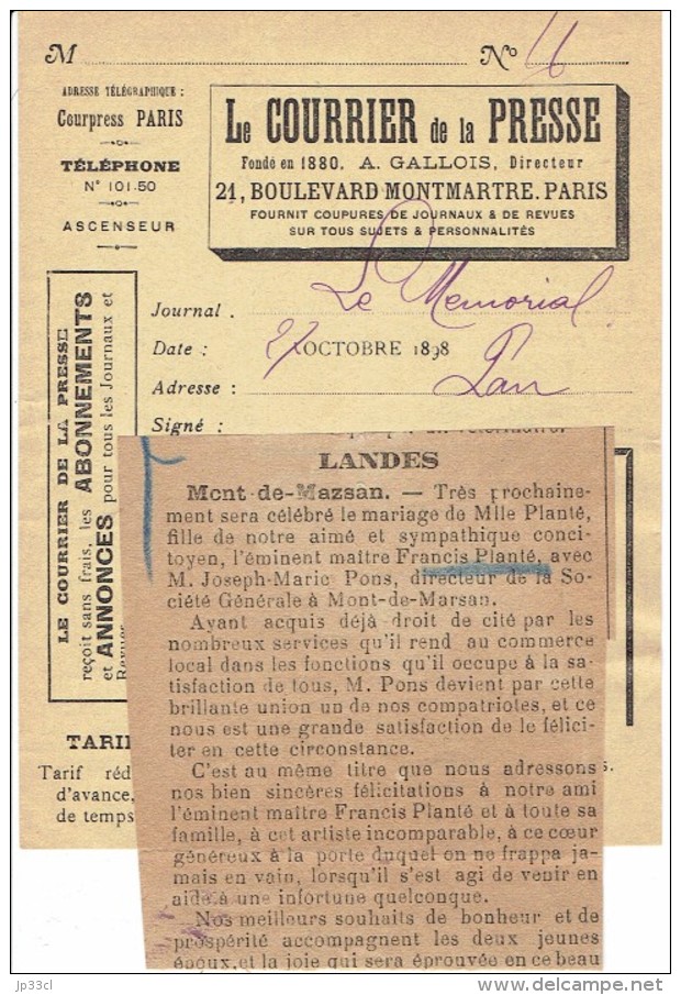 Extrait Du Mémorial Mont-de-Marsan 27/10/1898 Mariage De Melle Planté Et Joseph-Marie Pons Directeur Société Générale - Documents Historiques