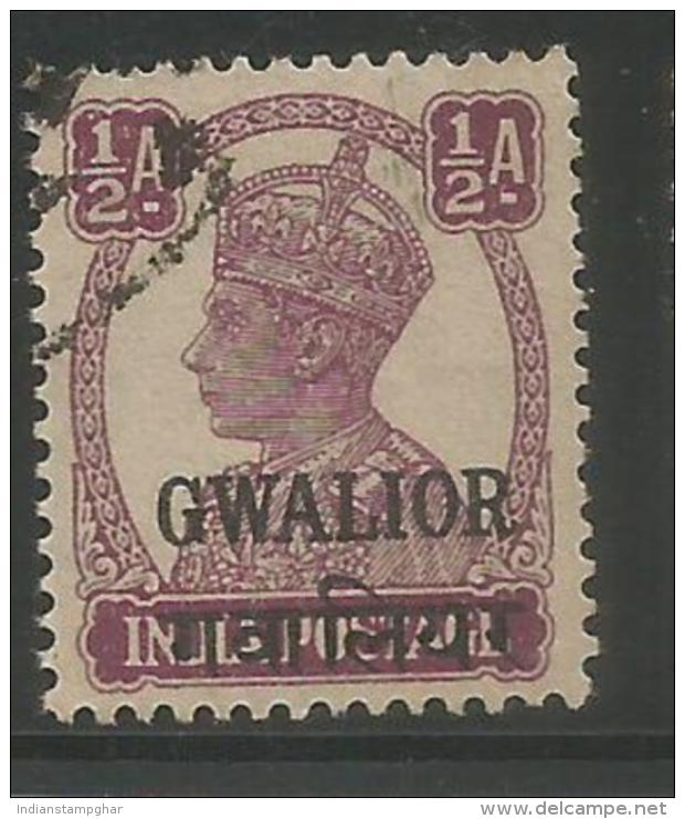 India GWALIOR Princely State, Gwalior  Ovpt.in English & Hindi KG VI Half Anna, Used, As Per Scan - Gwalior