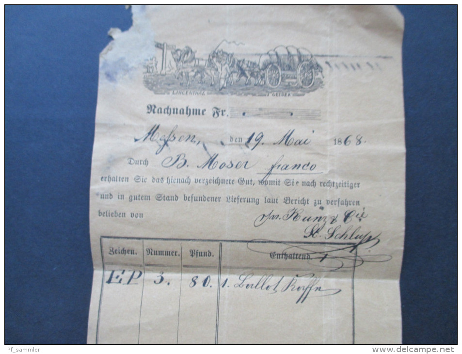 Schweiz 1868 Frachtbrief / Paket?! Kutsche. Nach Fraubrunnen - Briefe U. Dokumente