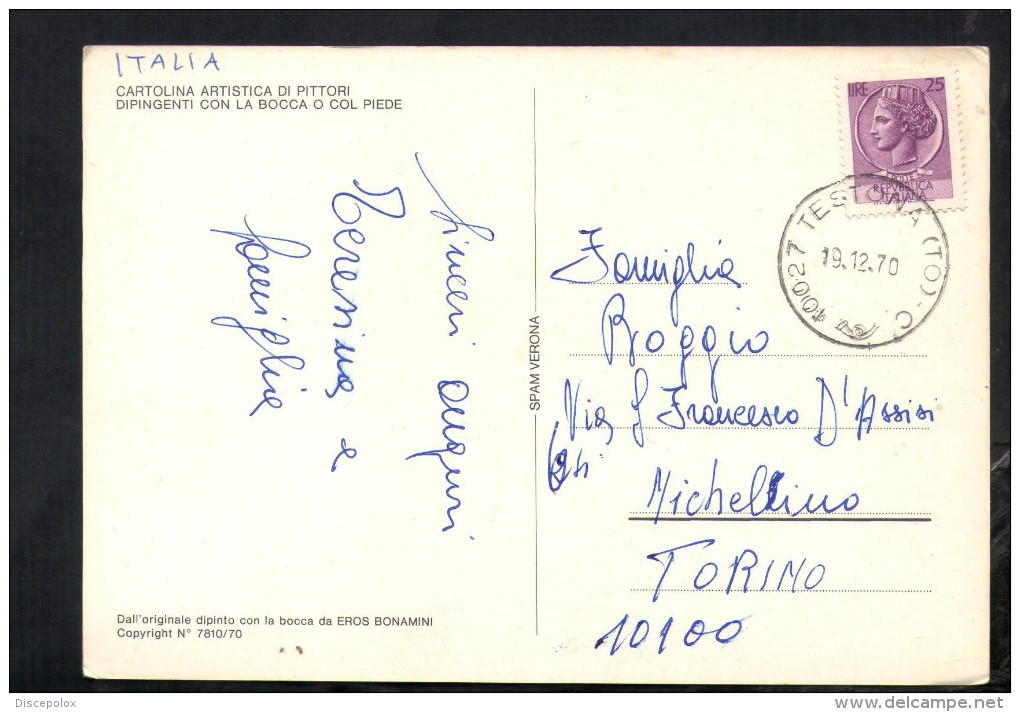 Q253 STORIA POSTALE, ANNULLO DI TESTONA 1970 IN PROV. DI TORINO SU CARTOLINA CON DIPINTO DI ERON BONAMINI - 1961-70: Storia Postale