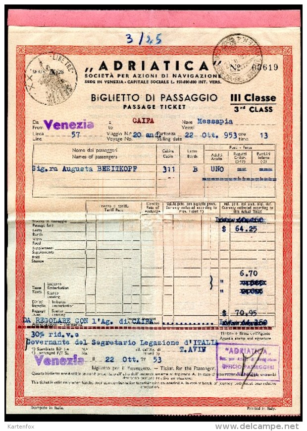 ADRIATICA, Biglietto Di Passagio, Venezia - Caifa - Messapia,22.10.1953, III Classe - Europe