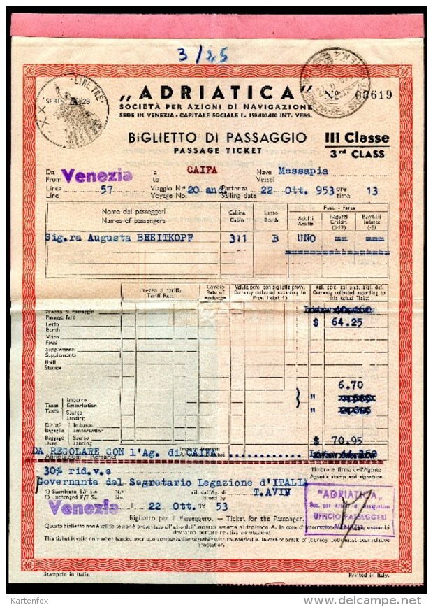 ADRIATICA, Biglietto Di Passagio, Venezia - Caifa - Messapia,22.10.1953, III Classe - Europa