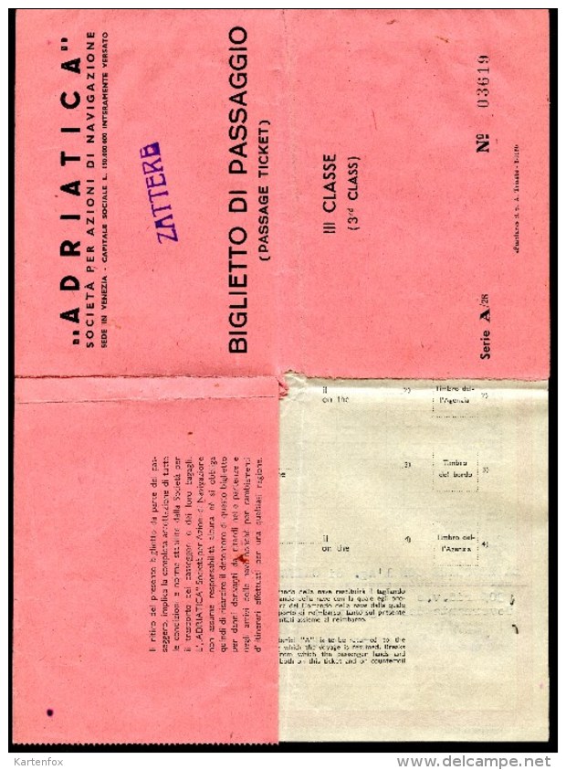 ADRIATICA, Biglietto Di Passagio, Venezia - Caifa - Messapia,22.10.1953, III Classe - Europe