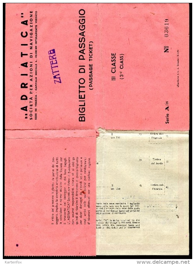 ADRIATICA, Biglietto Di Passagio, Venezia - Caifa - Messapia,22.10.1953, III Classe - Europa