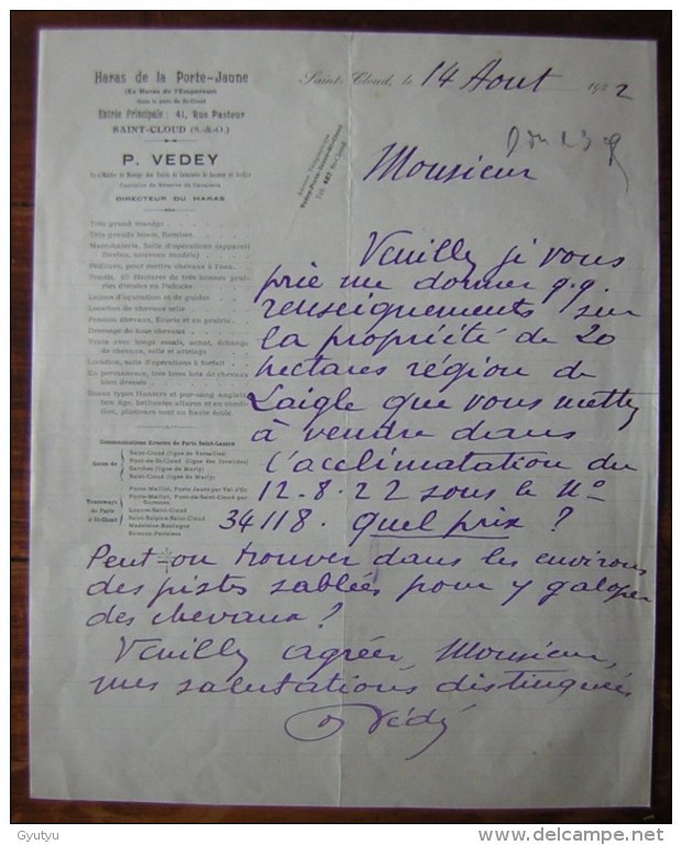 Chevaux: 1922 Lettre  De P. Vedey Des Haras De La Porte Jaune à Saint Cloud (équitation) - Manuscrits