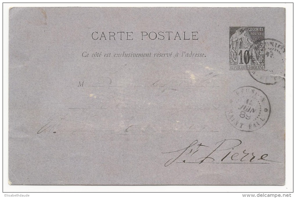 REUNION - 1889 - CARTE ENTIER POSTAL TYPE ALPHEE Avec OBLITERATION De SAINT PAUL Pour SAINT PIERRE - Lettres & Documents