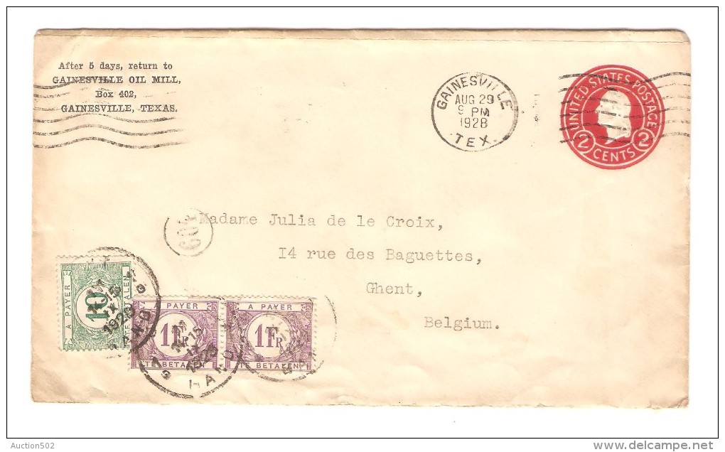 US Entire 2 C From Gainesville 1928 To Ghent (Gent ) Belgium Belgian Postage Due Gent 11/9/1929 PR3018 - Briefe U. Dokumente