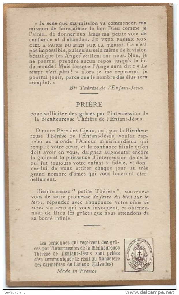 Image Pieuse / La BienheureuseThérése De L'Enfant Jésus /Etoffe Ayant Touché/Lisieux / Calvados /1921   CAN188 - Religion & Esotérisme